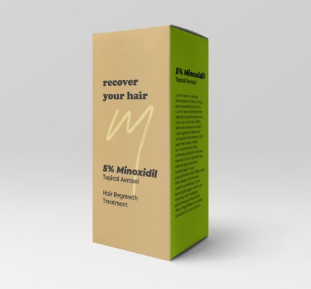 Packaging of 5% Minoxidil hair regrowth treatment.